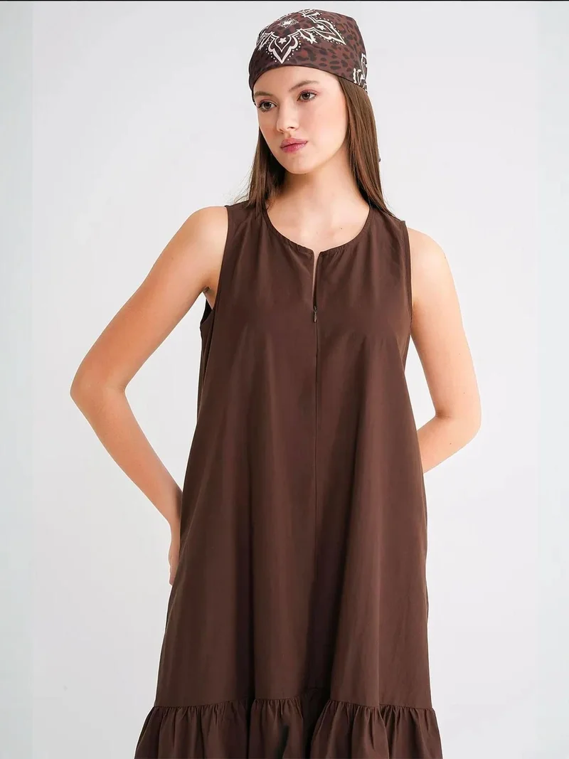 MixRay Coffee Brown Mixray Maxi Dress with Collar and Ruffle Details for Women | Best Price UAE