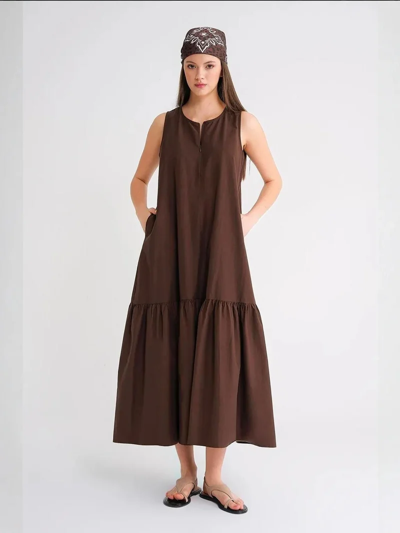MixRay Coffee Brown Mixray Maxi Dress with Collar and Ruffle Details for Women | Best Price UAE