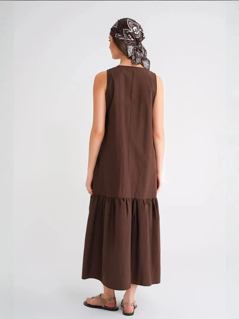 MixRay Coffee Brown Mixray Maxi Dress with Collar and Ruffle Details for Women | Best Price UAE