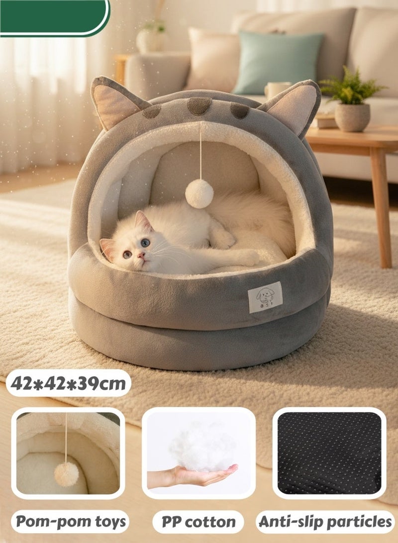 Cat Beds For Indoor Cats, Semi-Enclosed Cat Cave Bed With A Plush Ball Large Space For Cats To Sleep Soft And Comfortable Covered Cat Bed With A Washable And Detachable Matmcute Cat Ear Shapem,Suitable For Kittens Weighing Up To 15 Pounds(M Grey) - Image 1
