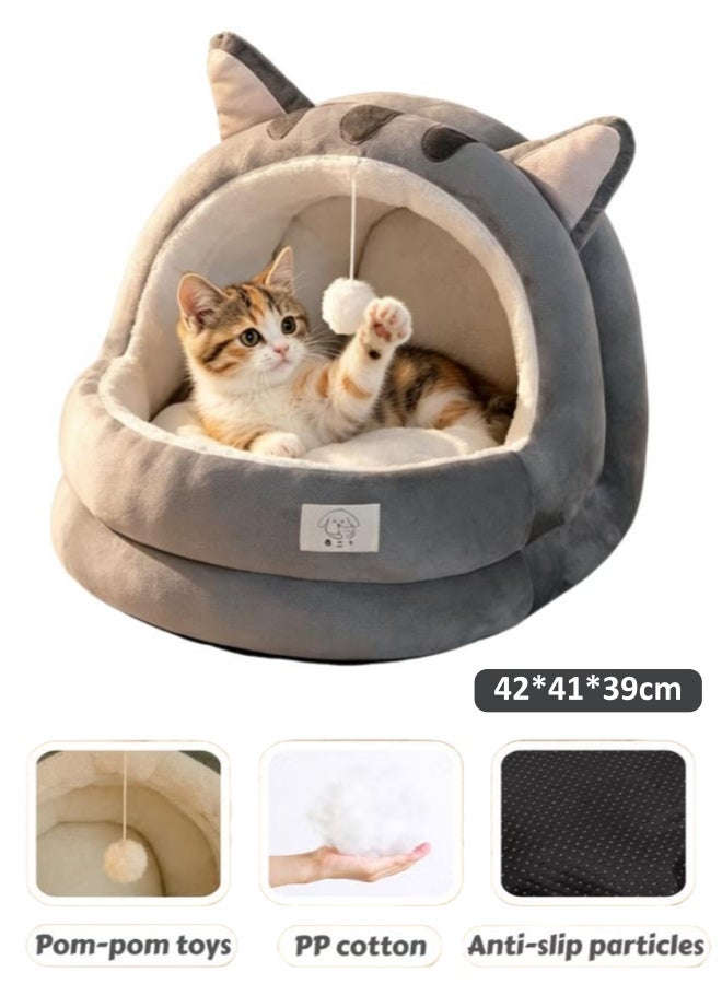 Cat Beds For Indoor Cats, Semi-Enclosed Cat Cave Bed With A Plush Ball Large Space For Cats To Sleep Soft And Comfortable Covered Cat Bed With A Washable And Detachable Matmcute Cat Ear Shapem,Suitable For Kittens Weighing Up To 15 Pounds(M Grey) - Image 1