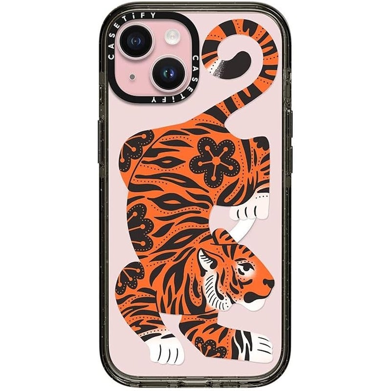 Casetify Impact Case for iPhone 15 【8.2ft 4X Military Grade Drop Protection/Compatible with Magsafe】 - Fierce Tiger - Clear Black