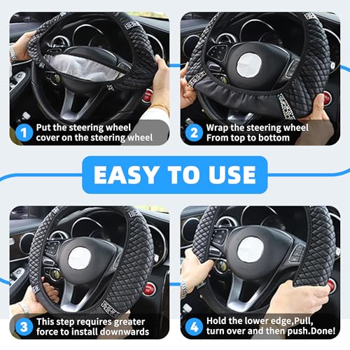 Tioollev Bling Car Steering Wheel Cover, 15 Inch Rhinestones Soft Leather Elastic Steering Wheel Protector, Sparkly Crystal Diamond for Women Girls, Car Interior Accessories for Most Cars (Black) - Image 3
