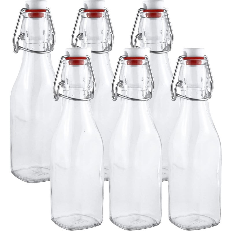 Estilo Swing Top Easy Cap Clear Glass Bottles with Caps, Round, 8.5 oz, Set of 6 - Standard Size, Flip Top Glass Bottles to Store Home Brews, Oils, Vinaigrettes, Wines, Beer, Teas - Syrup Bottles