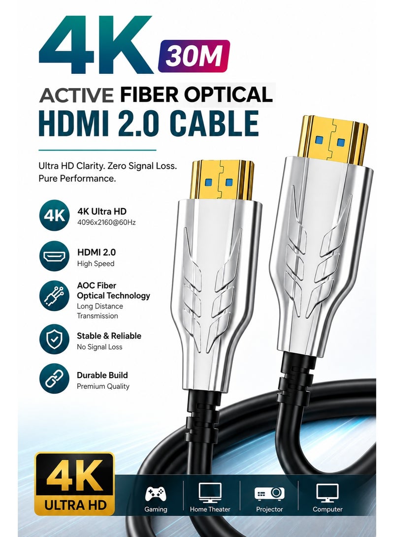 HD 4K HDR Active Fiber Optical Cable (AOC) HDMI 2.0 Cable 30M | 18Gbps High Speed | Ultra HD Video & Audio | Long Distance HDMI Cable for TV, Monitor, Projector, PC & Gaming Console - Image 1
