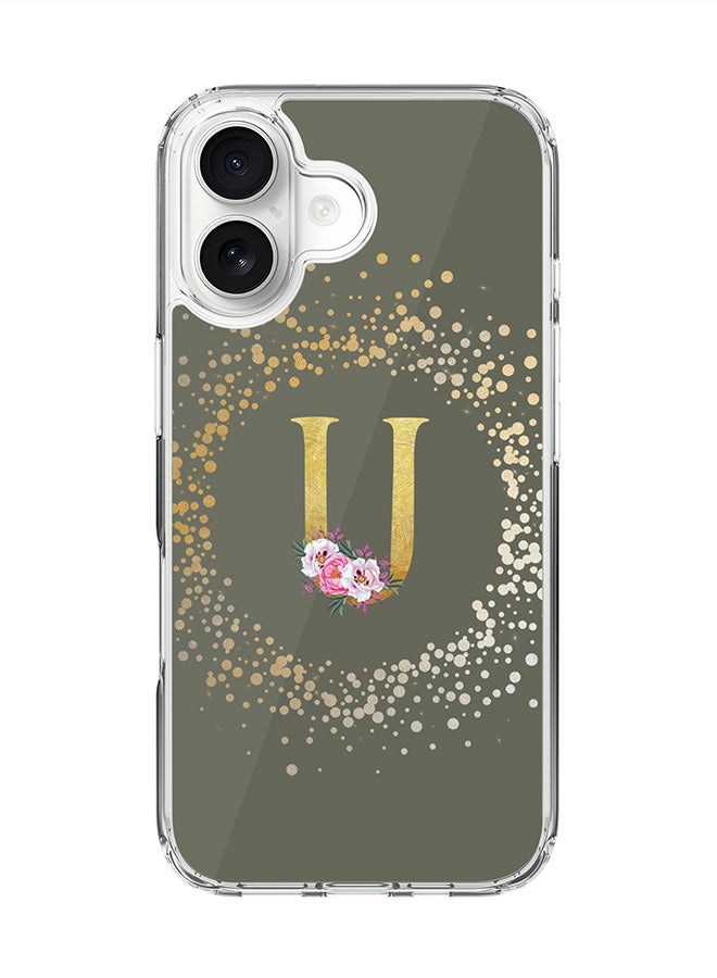 Stylizedd Classic Clear MagSafe Case for iPhone 17 , Hybrid Soft Case Flexible Edges Anti Drop TPU PC Gel Thin Transparent Cover [ Designed for iPhone 17 ] - Custom Monogram Initial Letter Floral Pattern Alphabet - U  (Olive Green )