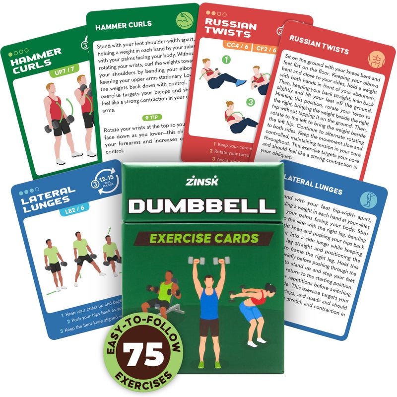 Zinsk 75 Dumbbell Workout Cards â€“ 3.5â€ x 2.5â€ Full Body Weight Training Exercise Deck â€“ At-Home Fitness Guide for Men and Women â€“ Get Stronger With 12 Pre-Made Strength Workouts - Image 1