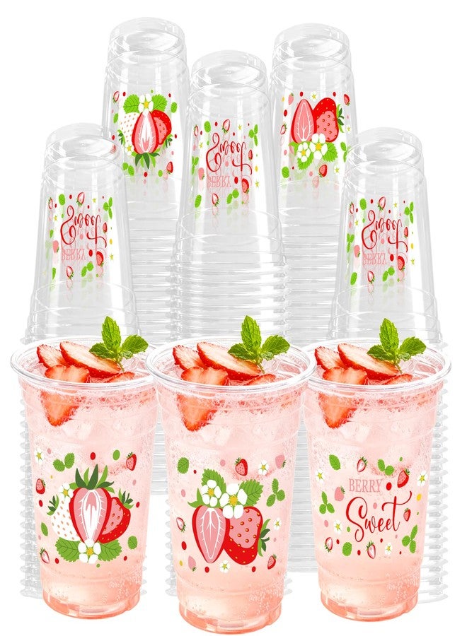 KOPOOEOE 100 Pcs Strawberry Plastic Cups 12 oz Red and White Strawberry Disposable Clear Fruit Cups for Birthday Baby Shower Summer Party Supplies Favors - Image 1