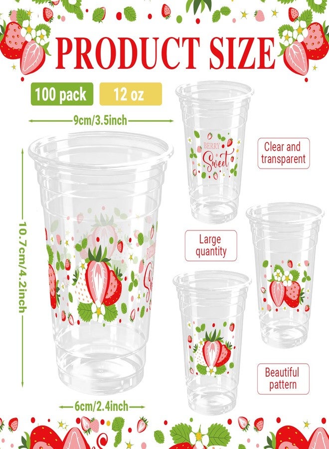 KOPOOEOE 100 Pcs Strawberry Plastic Cups 12 oz Red and White Strawberry Disposable Clear Fruit Cups for Birthday Baby Shower Summer Party Supplies Favors - Image 2