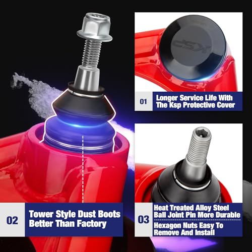 KSP PERFORMANCE KSP Front Upper Control Arms for Silverado Sierra 1999-2006, 2-4" Adjustable Tubular A-Arm Replacement Factory/Stock Suspension Arms UCA After 2-4 inches Lift On Chevy GMC 4WD 4X4 RWD, 2PCS Red - Image 3