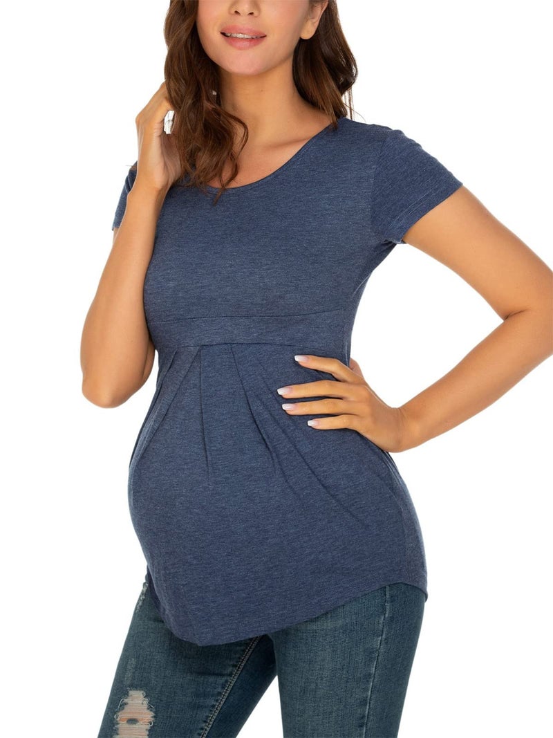 Glampunch Women's Maternity Tops Short & 3/4 Sleeve Round Neck Front Pleat Peplum Tunic Top Pregnancy Shirts - Image 2
