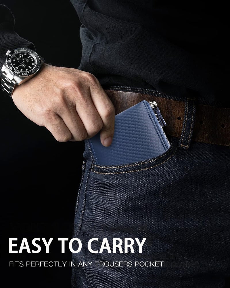 Huztencor Wallets for Men RFID Blocking Zipper Wallet Men with Coin Pocket Leather Zip Around Bifold Card Holder Purse Carbon Fiber Blue - Image 2