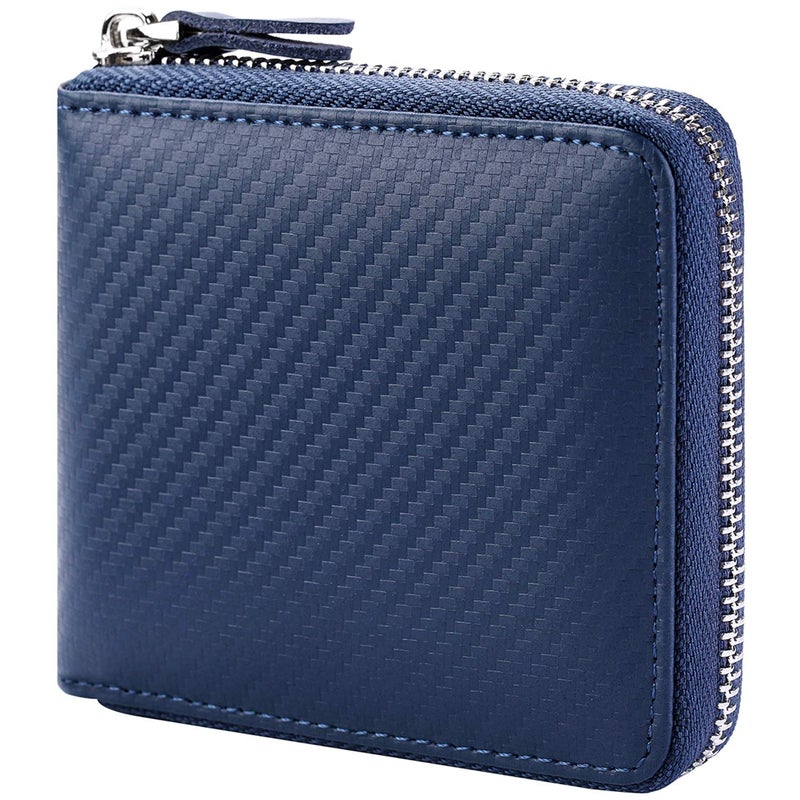 Huztencor Wallets for Men RFID Blocking Zipper Wallet Men with Coin Pocket Leather Zip Around Bifold Card Holder Purse Carbon Fiber Blue - Image 1