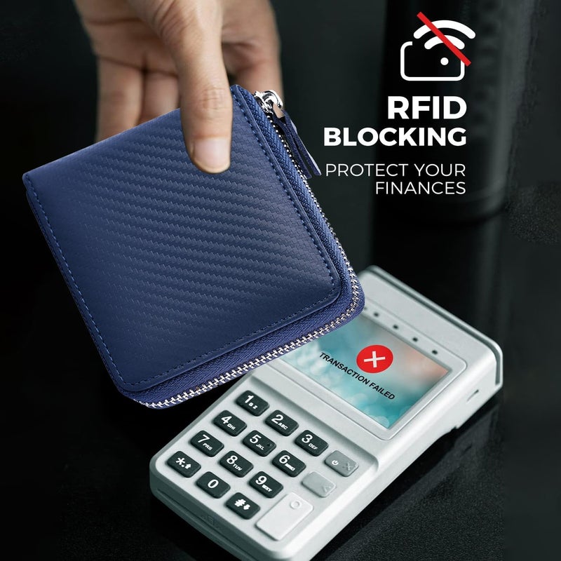 Huztencor Wallets for Men RFID Blocking Zipper Wallet Men with Coin Pocket Leather Zip Around Bifold Card Holder Purse Carbon Fiber Blue - Image 4