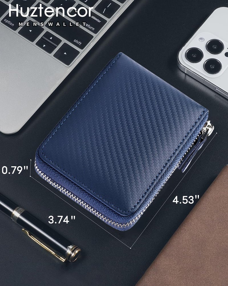 Huztencor Wallets for Men RFID Blocking Zipper Wallet Men with Coin Pocket Leather Zip Around Bifold Card Holder Purse Carbon Fiber Blue - Image 3