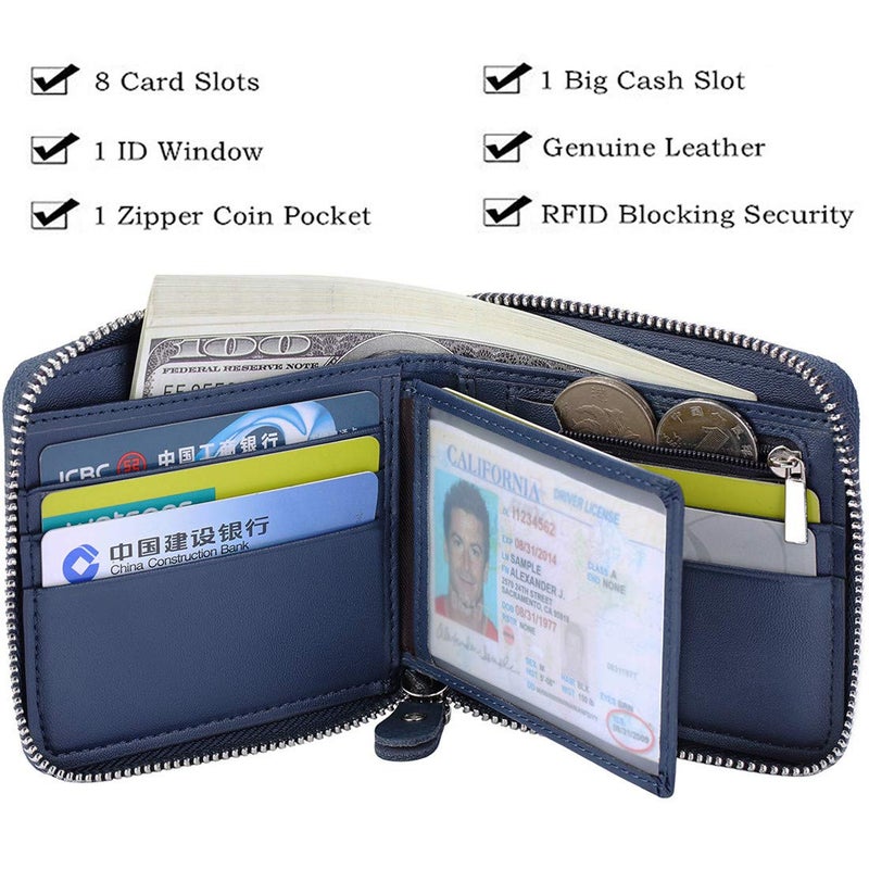 Huztencor Wallets for Men RFID Blocking Zipper Wallet Men with Coin Pocket Leather Zip Around Bifold Card Holder Purse Carbon Fiber Blue - Image 5