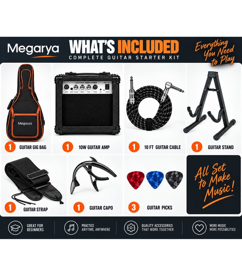 MegArya Electric Guitar Accessories Starter Kit with 10W Guitar Amplifier, Gig Bag, Stand, 10 ft Cable, Strap, Capo & 3 Picks, Complete Practice Accessory Set for Beginners - Image 5