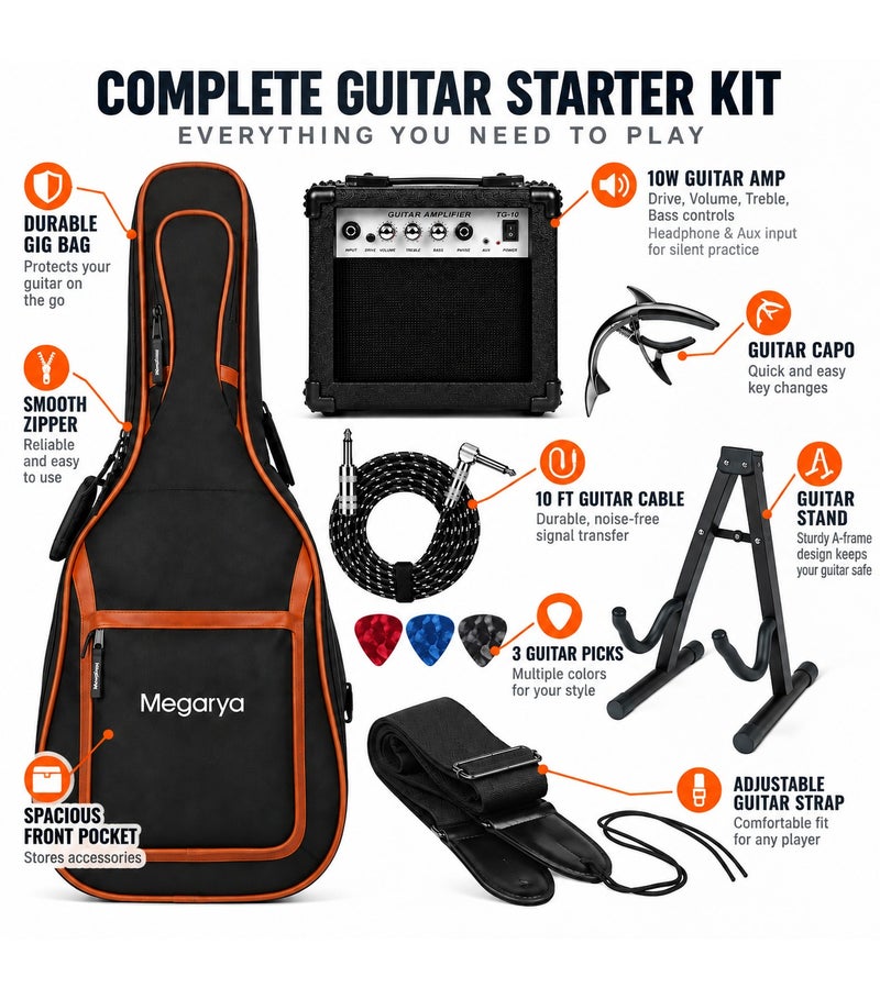 MegArya Electric Guitar Accessories Starter Kit with 10W Guitar Amplifier, Gig Bag, Stand, 10 ft Cable, Strap, Capo & 3 Picks, Complete Practice Accessory Set for Beginners - Image 2