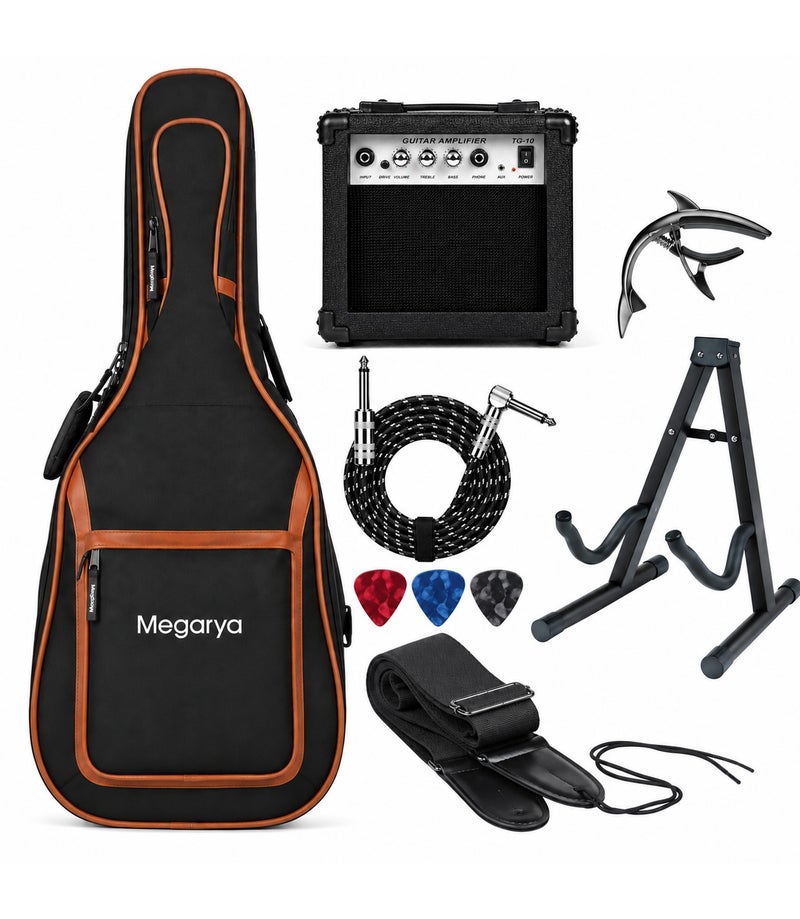 MegArya Electric Guitar Accessories Starter Kit with 10W Guitar Amplifier, Gig Bag, Stand, 10 ft Cable, Strap, Capo & 3 Picks, Complete Practice Accessory Set for Beginners - Image 1