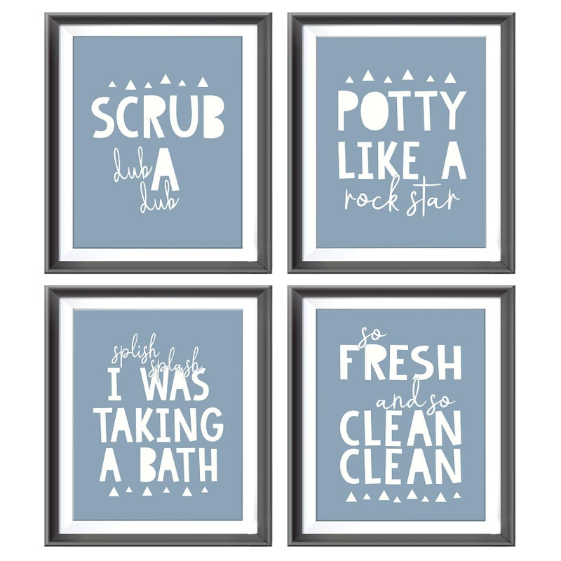 AEHIE So Fresh and Clean Colorful Bathroom Art Poster Prints for Home Kid Washroom Restroom Nursery Toilet Laundry Decor  Funny Bathroom Rules Word Decorations Prints Wall Art Unframed 4pcs (Blue) 8x10in - Image 1