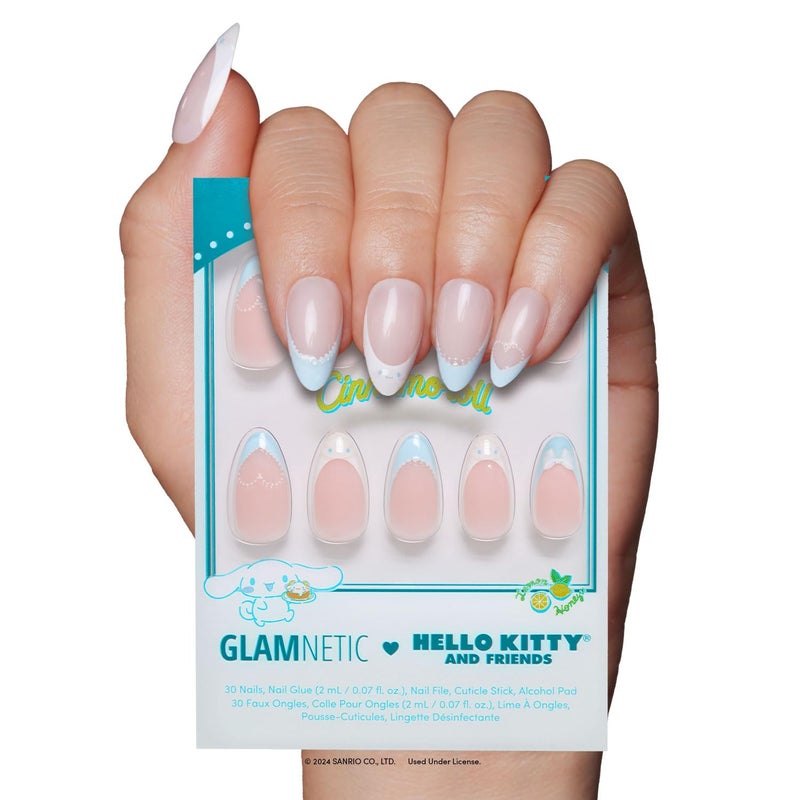 Glamnetic x Hello KittyÂ® and Friends Press On Nails - Cinnamorollâ„¢ French Tip | Short Almond Blue 3D French Tip Graphic Fake Nails in a Glossy Finish | 15 Sizes - 30 Nail Kit with Glue - Image 1