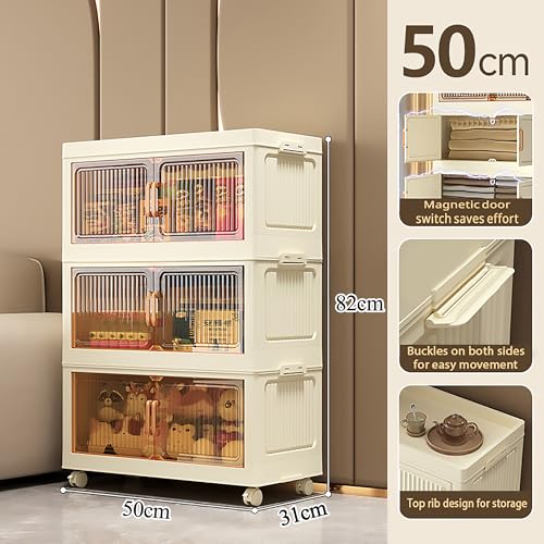 REXERA 𝟑 𝐏𝐀𝐂𝐊 Plastic Rack for Storage Cabinet with Wheels | Multipurpose Storage Almirah Wardrobe for Clothes, Toys, Kitchen Cupboard & Bedroom | Plastic Organizer with Transparent Doors - WHITE - Image 2