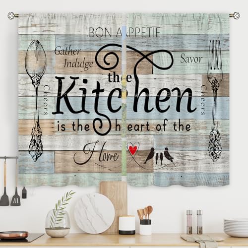 Riyidecor Teal Rustic Kitchen Curtains Short Small Farm Country Modern Farmhouse Rod Pocket Fork and Spoon Kitchenware Bedroom Living Room Treatment Fabric 2 Panels 26Wx36H Inch - Image 1