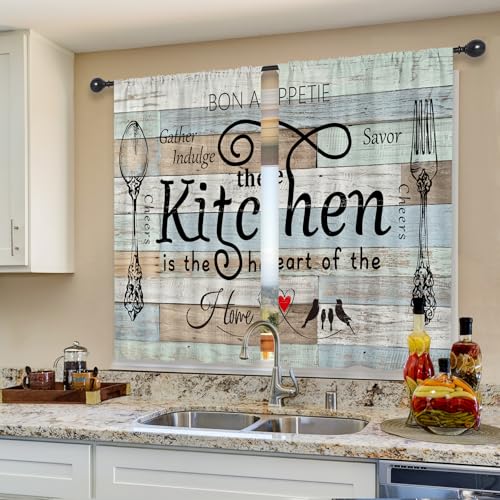 Riyidecor Teal Rustic Kitchen Curtains Short Small Farm Country Modern Farmhouse Rod Pocket Fork and Spoon Kitchenware Bedroom Living Room Treatment Fabric 2 Panels 26Wx36H Inch - Image 4