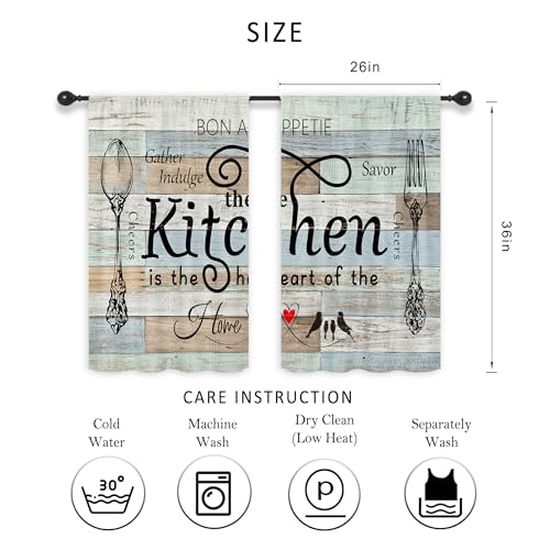 Riyidecor Teal Rustic Kitchen Curtains Short Small Farm Country Modern Farmhouse Rod Pocket Fork and Spoon Kitchenware Bedroom Living Room Treatment Fabric 2 Panels 26Wx36H Inch - Image 2