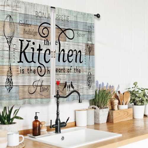 Riyidecor Teal Rustic Kitchen Curtains Short Small Farm Country Modern Farmhouse Rod Pocket Fork and Spoon Kitchenware Bedroom Living Room Treatment Fabric 2 Panels 26Wx36H Inch - Image 3