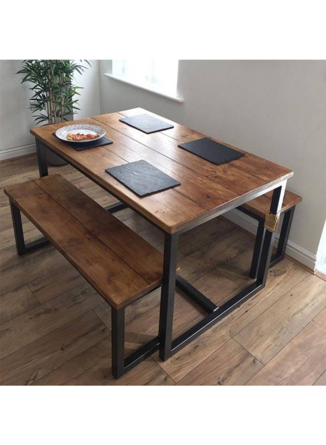 Modern dining table, black steel frame, wooden top, 2 benches