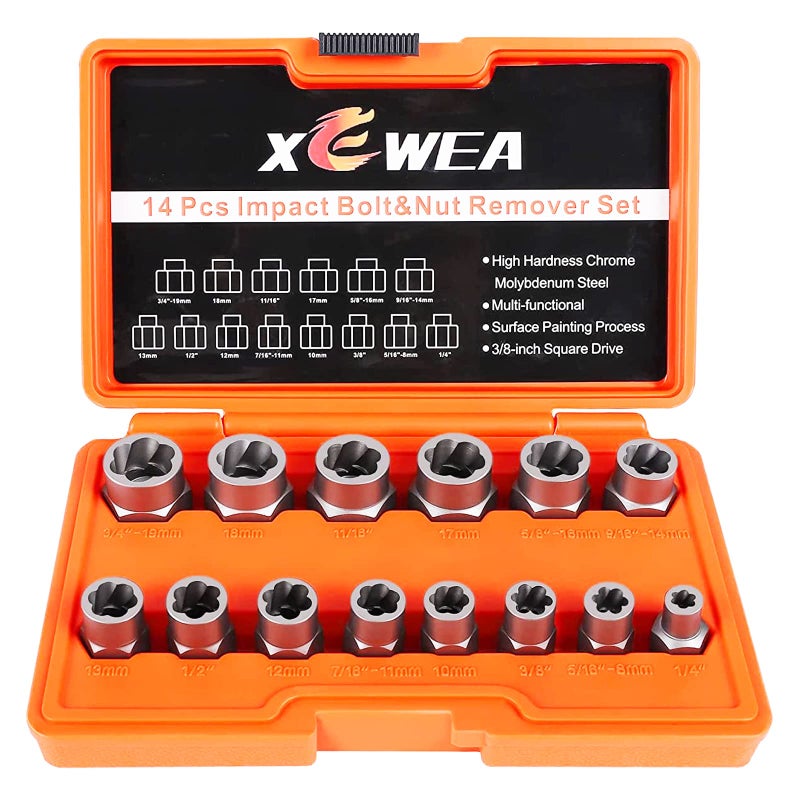 XEWEA Professional 14PCS Bolt Extractor Set, 3/8" Drive Impact Stripped Bolt Remover Socket Set for Removing Damaged Broken Rounded Off Bolt & Nut, Impact Grade Cr-Mo Steel with Case Father's Day Gift - Image 1