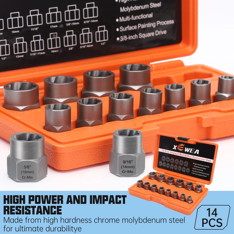 XEWEA Professional 14PCS Bolt Extractor Set, 3/8" Drive Impact Stripped Bolt Remover Socket Set for Removing Damaged Broken Rounded Off Bolt & Nut, Impact Grade Cr-Mo Steel with Case Father's Day Gift - Image 5