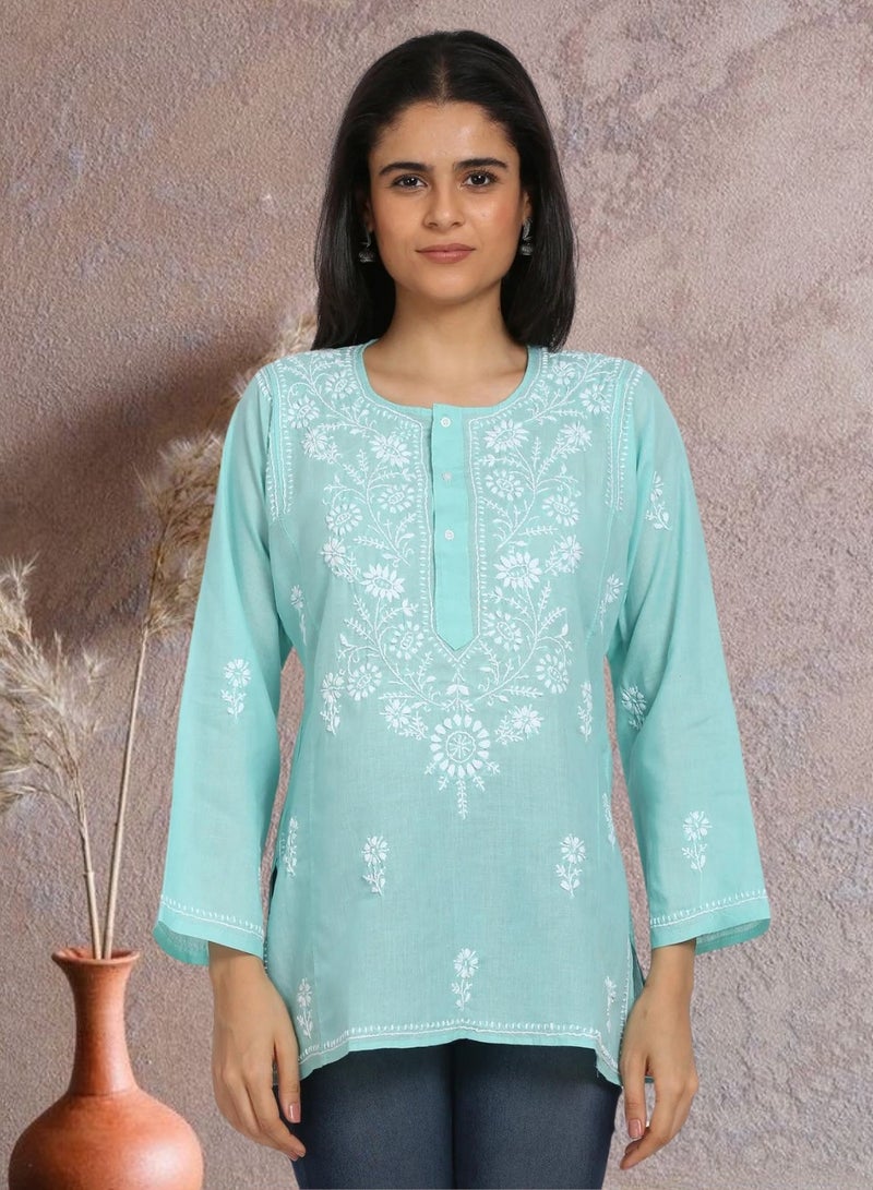 Alaya Women Hand Embroidered Chikankari Cotton Kurti-ALSTV115  - Image 1