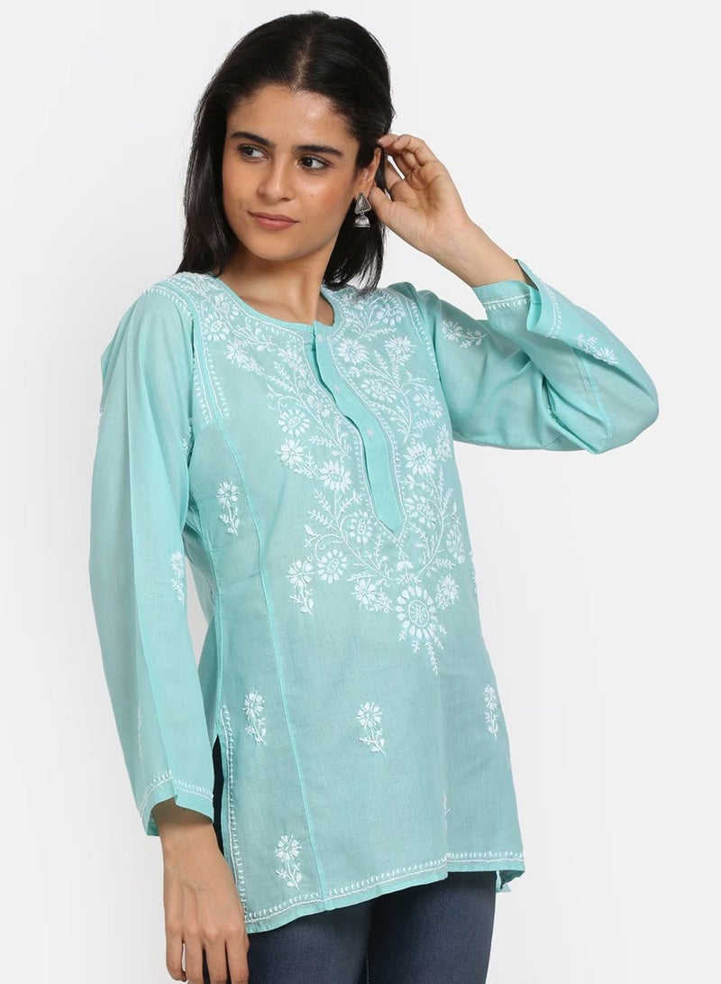 Alaya Women Hand Embroidered Chikankari Cotton Kurti-ALSTV115  - Image 4
