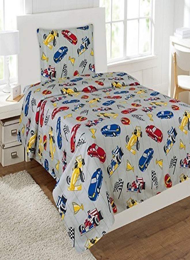Linen Plus Sheet Set for Boys/Teens Race Cars Flags Champion Grey Yellow Red Blue Black White Flat Sheet Fitted Sheet and Pillow Case Twin Size New - Image 2