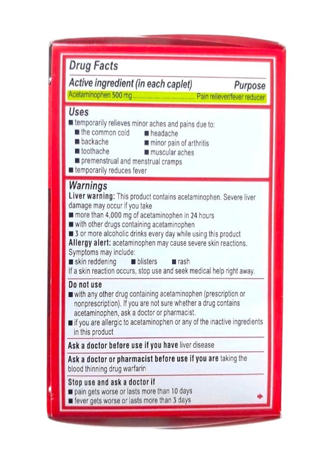 Tylenol كبسولات مسكنة للألم ومخفضة للحمى ذات قوة إضافية، 500 ملغ من حبوب أسيتامينوفين لتخفيف آلام الصداع وألم الظهر وألم الأسنان وتخفيف آلام التهاب المفاصل الطفيفة؛ 100 قيراط - Image 5