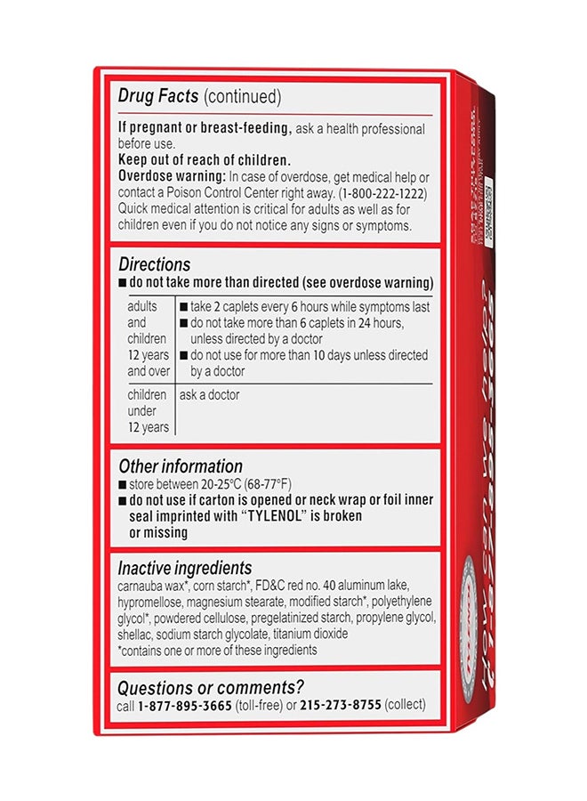 Tylenol كبسولات مسكنة للألم ومخفضة للحمى ذات قوة إضافية، 500 ملغ من حبوب أسيتامينوفين لتخفيف آلام الصداع وألم الظهر وألم الأسنان وتخفيف آلام التهاب المفاصل الطفيفة؛ 100 قيراط - Image 4