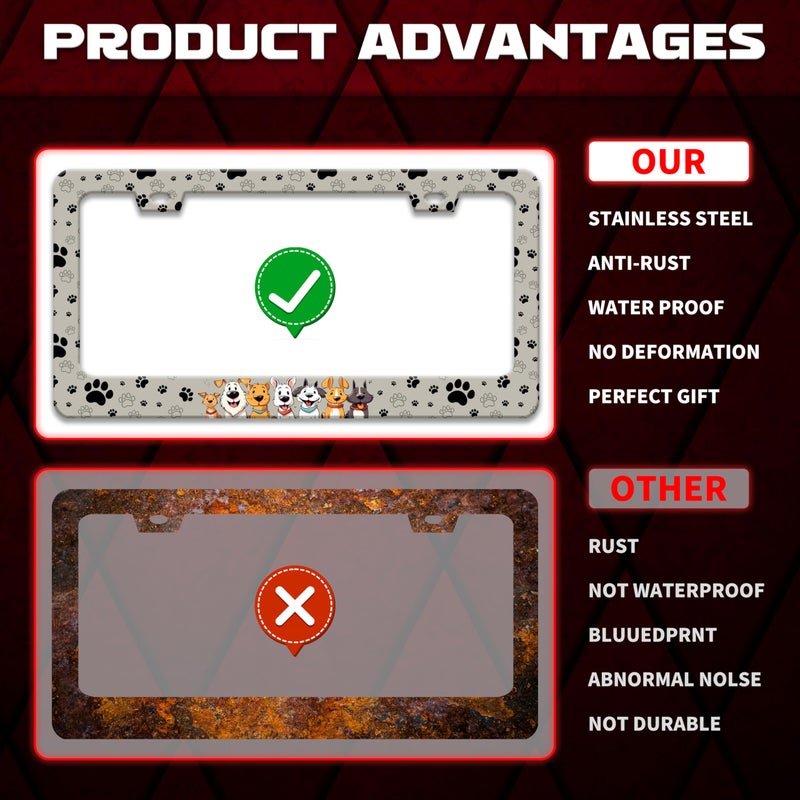 Omw2fyb Personalise Dog License Plate Frame Paw Prints License Plate Frames Car Universal Stainless Steel Accessories Cars Decor with 2 Holes and Screws Fits Standard Us Vehicles Size 12.2 X 6 Inches - Image 3