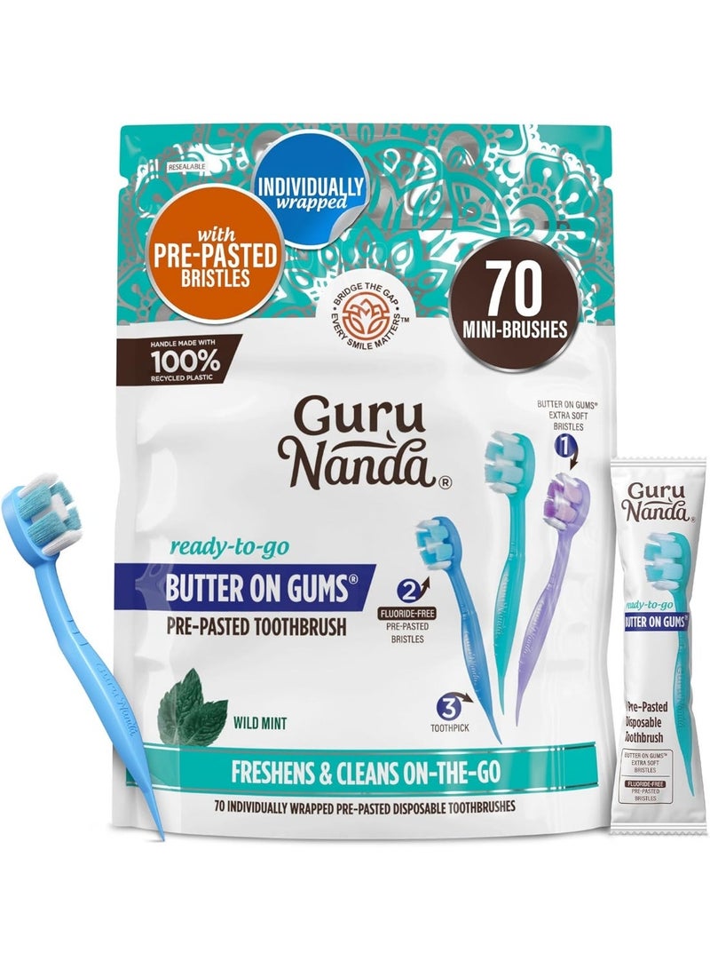 GuruNanda Ready-to-Go Disposable Mini Travel Toothbrushes - Butter on Gums Softex Bristles, Pre-Pasted Toothbrush & Toothpick - Fluoride-Free, No Rinsing Needed, 70 Ct - Image 1