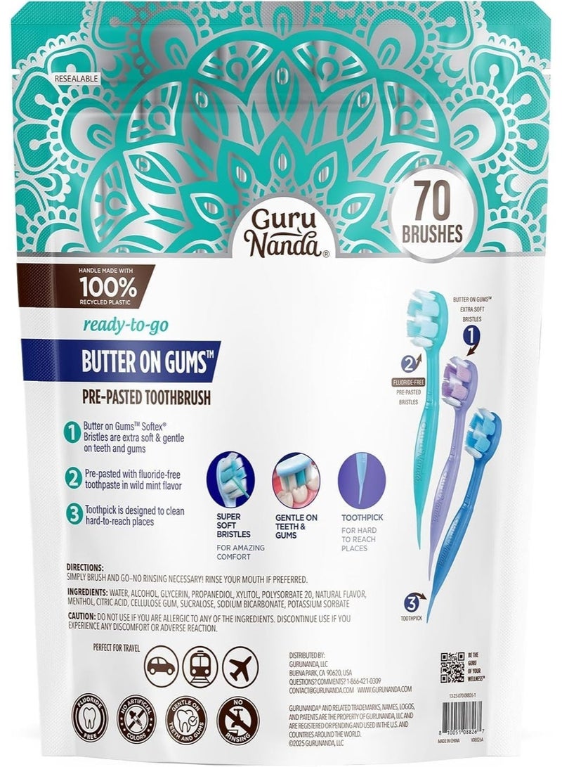 GuruNanda Ready-to-Go Disposable Mini Travel Toothbrushes - Butter on Gums Softex Bristles, Pre-Pasted Toothbrush & Toothpick - Fluoride-Free, No Rinsing Needed, 70 Ct - Image 5