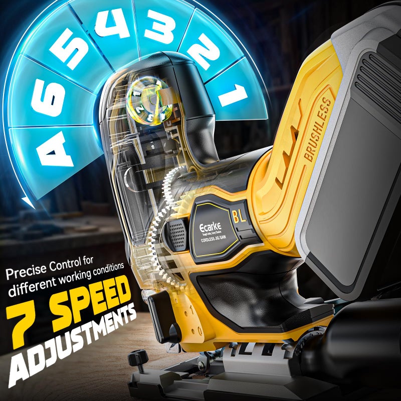 Ecarke Cordless&Brushless Jig Saw Compatible With Dewalt 20V, 3800RPM, 7 Speeds Dial Control, Free-Tool Â±45Â° Bevel Cuts, 4 Orbital Action, Dust Blows and 6 Blades For Cutting (Only Tool) - Image 3