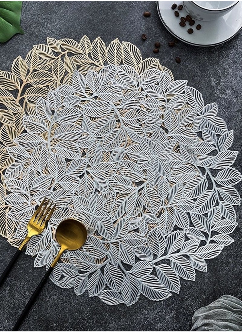XiuWoo Set Of 6 Round Table Place Mats Silver Olive Leaves 15inch, PVC Place Mat Vinyl Hollow Out Heat Insulation Washable Silver Table Mats for Dining Table 40x40CM, Leaves Pattern  - Image 1