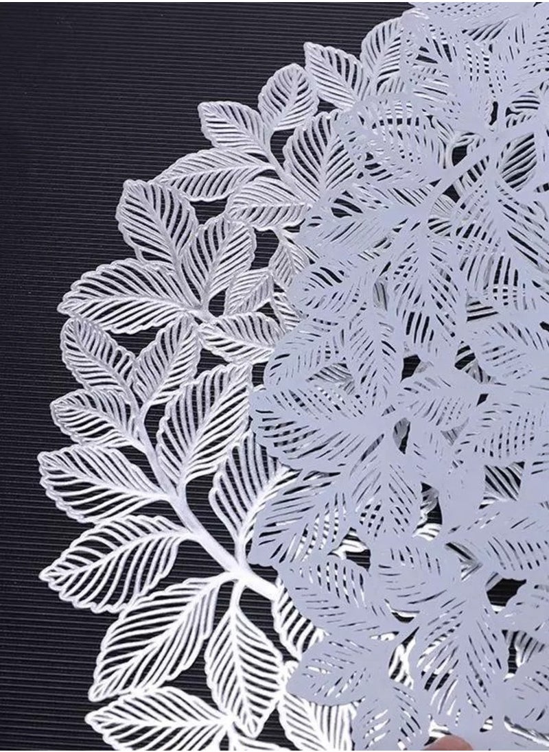 XiuWoo Set Of 6 Round Table Place Mats Silver Olive Leaves 15inch, PVC Place Mat Vinyl Hollow Out Heat Insulation Washable Silver Table Mats for Dining Table 40x40CM, Leaves Pattern  - Image 2