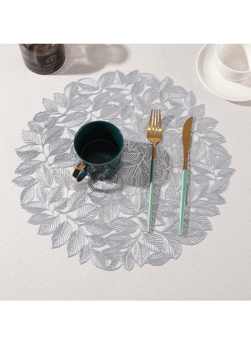 XiuWoo Set Of 6 Round Table Place Mats Silver Olive Leaves 15inch, PVC Place Mat Vinyl Hollow Out Heat Insulation Washable Silver Table Mats for Dining Table 40x40CM, Leaves Pattern  - Image 3