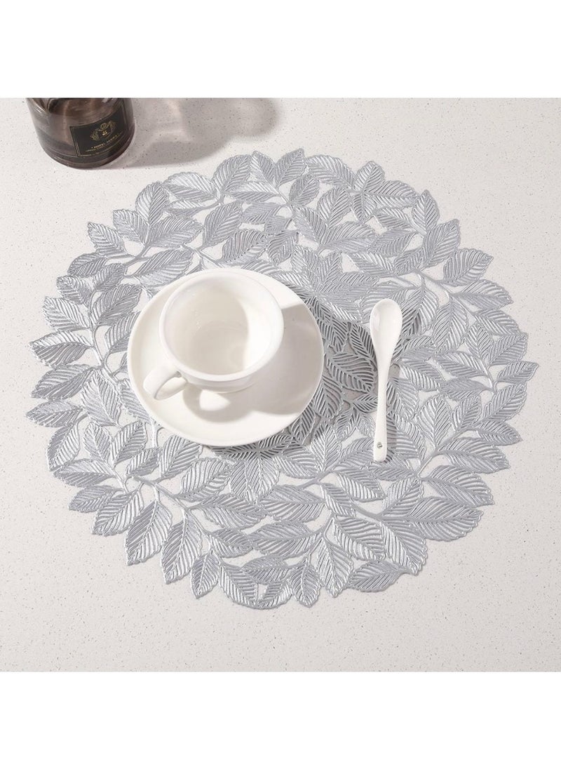 XiuWoo Set Of 6 Round Table Place Mats Silver Olive Leaves 15inch, PVC Place Mat Vinyl Hollow Out Heat Insulation Washable Silver Table Mats for Dining Table 40x40CM, Leaves Pattern  - Image 4