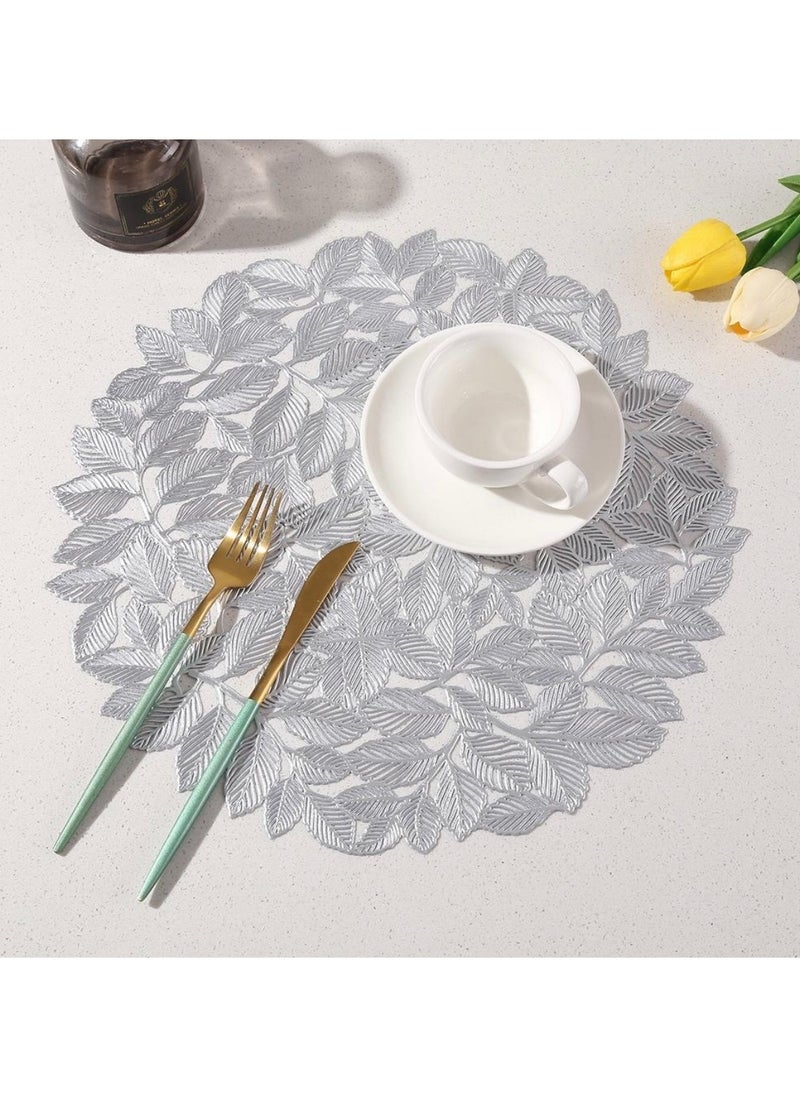 XiuWoo Set Of 6 Round Table Place Mats Silver Olive Leaves 15inch, PVC Place Mat Vinyl Hollow Out Heat Insulation Washable Silver Table Mats for Dining Table 40x40CM, Leaves Pattern  - Image 5