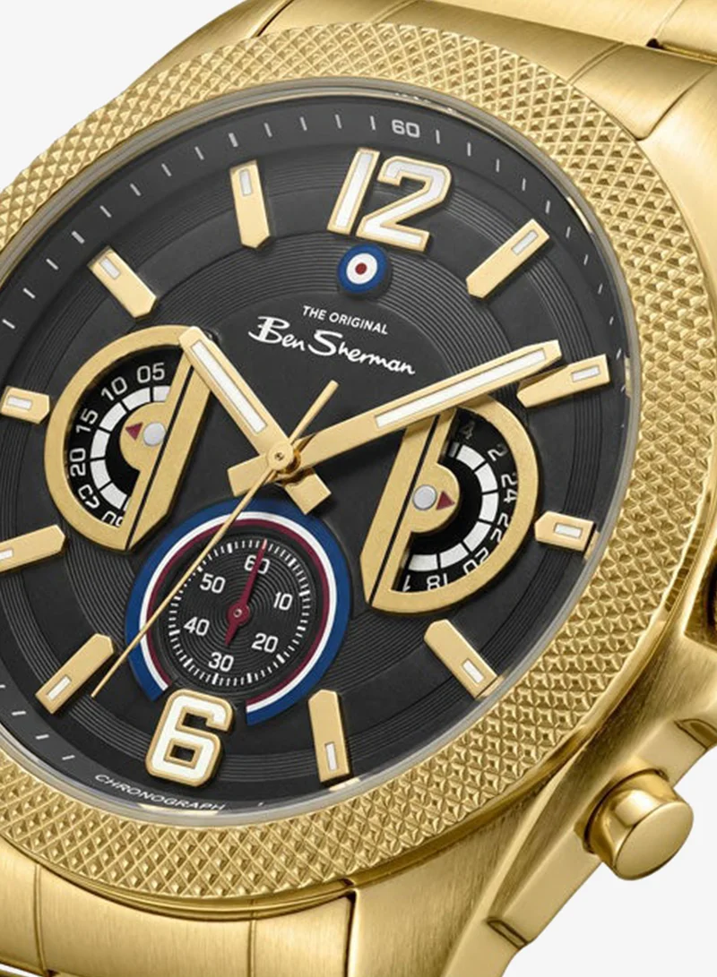 بين شيرمان Sheffield Black Dial Gold Stainless Steel Bracelet Chronograph Watch for Men, 44mm