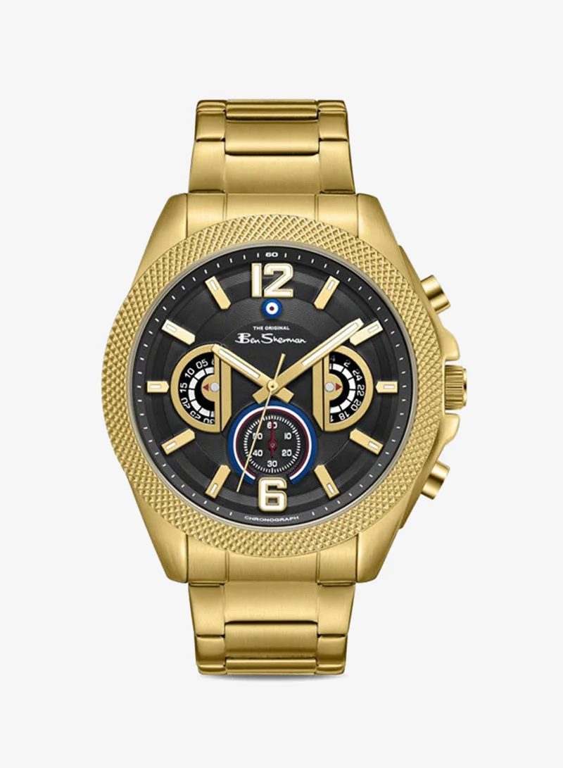 بين شيرمان Sheffield Black Dial Gold Stainless Steel Bracelet Chronograph Watch for Men, 44mm