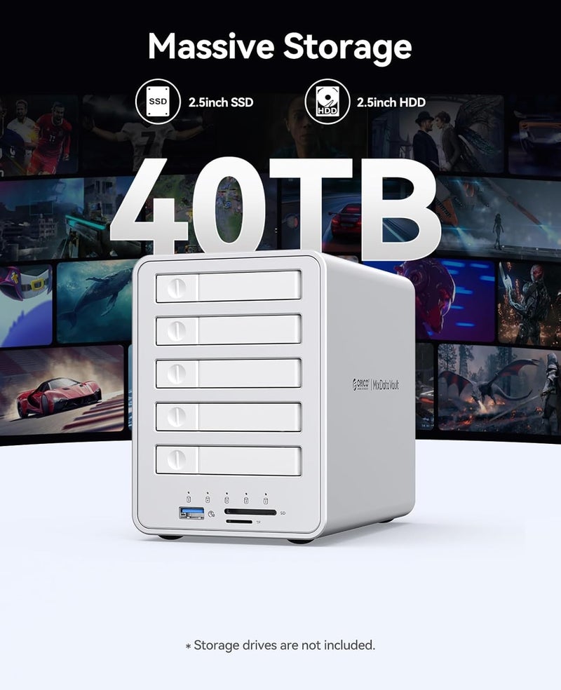 Orico All Flash SSD Case, 5 Bays, 8TB×5, RAID Case, 10Gbps, USB 3.2 Gen2 Connection, 7-9.5mm, Supports 2.5-inch SSD/HDD, Daisy Chain Function, Aluminum Alloy, External SSD Case, USB 3.2 10Gbps Ports × - Image 2